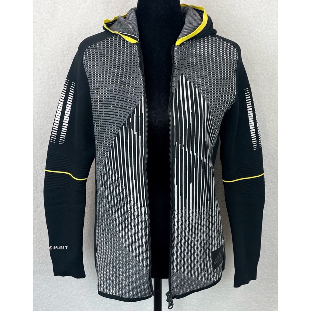 ADIDAS • Black/White/Grey/Yellow Abstract Print Full-Zip Hooded Knit Jacket, S - Picture 12 of 16